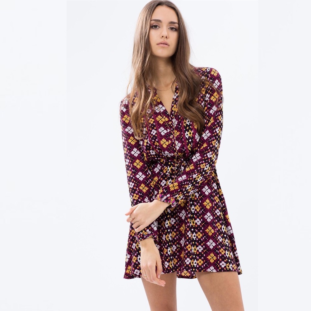 Tigerlily Burgundy Floral Mini Dress with Yellow & White Accents